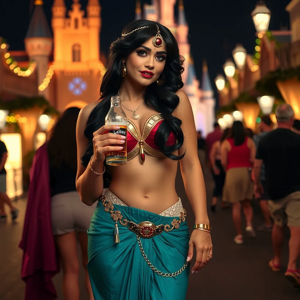 Prompt: Gorgeous ultra-muscular 25-year-old Swedish drag queen Jasmine (Disney princess) with 8 inch stiletto high heel shoes, dark mascara, eyeshadow and dark red lipstick, standing in Disney World holding a beer and flirting with guests at night