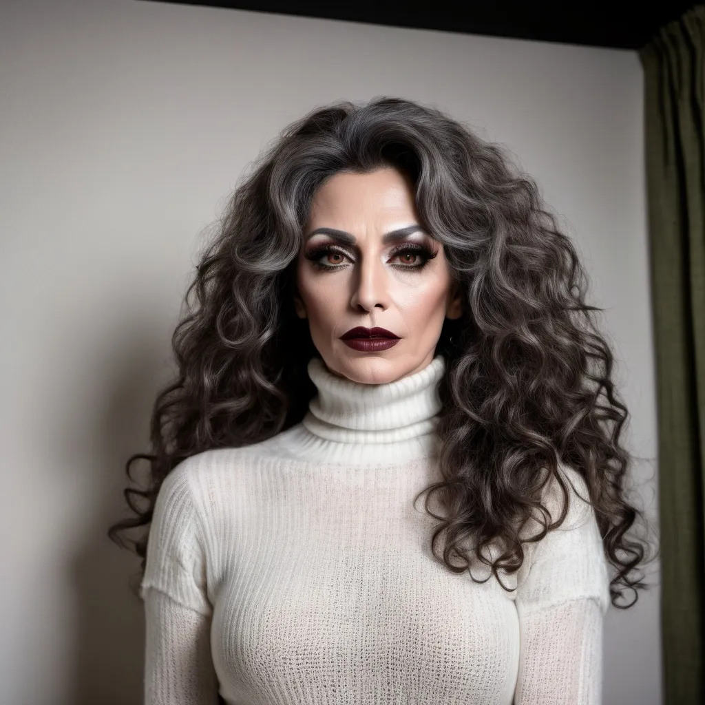 Prompt: (55-year-old Turkish genderfluid drag queen with long curly salt & pepper hair), wearing an olive long knitted white turtleneck shirt and skinny jeans, dark eye makeup, dark lipstick,  masculine jawline and brow, (close up,low angle shot ), inside a softly lit room, (white curtains gently swaying),  captured in an extremely detailed (oil painting style), (photorealistic), sunlight streaming through the woman  , she is looking out the window and  holding the curtains with her hands ,(artistic modeling pose) ,high resolution , detailed , bright colors