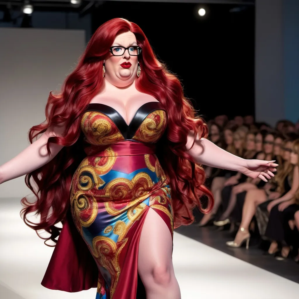 Prompt: Peter Griffin dressed in drag with very long dark red wavy hair, wearing a multi-colored Versace gown, dark eyeshadow,  mascara, drak red lipstick,  and 8 inch stiletto high heel shoes,  walking the catwalk at a fashion show.