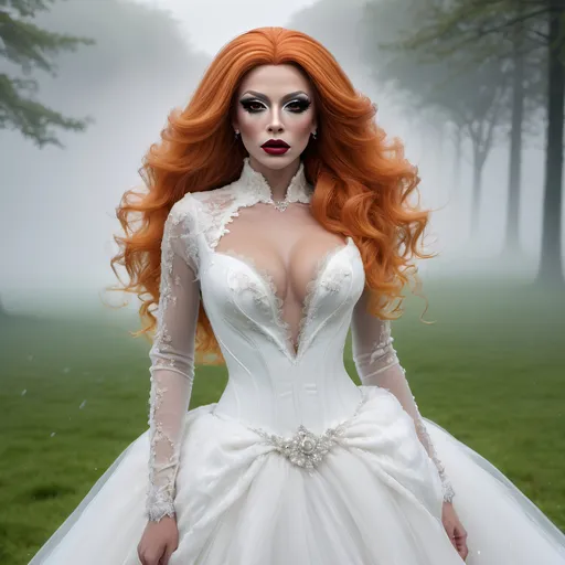 Prompt: full body shot, splash art, hyper detailed, ultra realistic, highly detailed, surreal heavy mist, AI defined exquisitely beautiful, totally ultra realistic muscular 25-year-old French drag queen with luscious orange hair, masculine jawline and brow, ultra glamorous bride, dark eyeshadow, Dark red lipstick, walking in a swirling fog, beautiful wedding dress, on the grass, 

perfect shading, impeccable contrast, HDR, UHD, high res, 64k, cinematic lighting, special effects, hd octaneArtgerm, WLOP, dynamic studio quality lighting hyper-detailed, intricately detailed, Splash art, trending on Artstation, triadic colors, Unreal Engine 5 volumetric lighting, unreal engine, octane render.