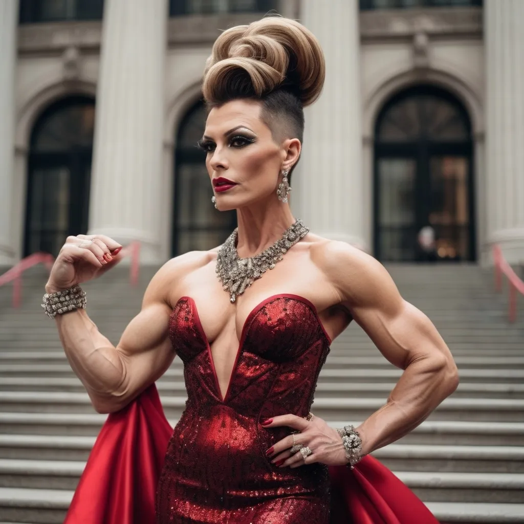 Prompt: Glamour photography of Gorgeous ultra-muscular 35-year-old (Caucasian) Hungarian drag queen bodybuilder (very strong masculine jawline and brow features) with a big busom, and  tight salt & pepper updo hair on the Met Gala steps in New York wearing designer bronze and red gown with long train, intricate details, glitter and jewels, posed 3/4 turn standing, smile, in the style of Guy Aroch