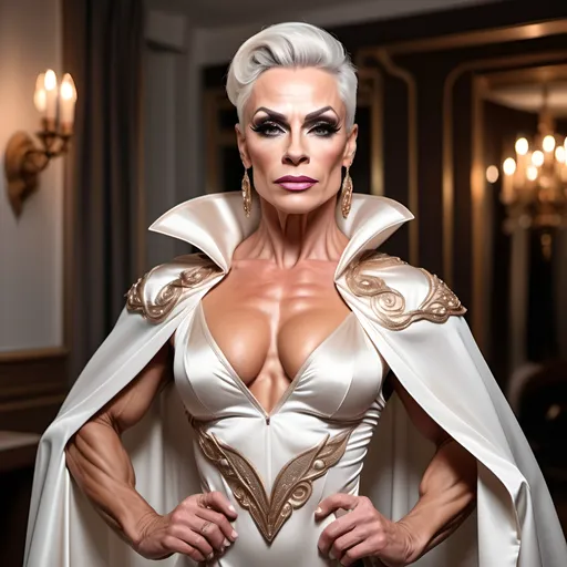 Prompt: Gorgeous muscular 45-year-old Russian drag queen bodybuilder (with strong masculine jawline and brow) with graying hair, wearing a regal tunic, ivory white, with armor sewn into the fabric. Cascading cape, draping from the shoulder lapel. Cottage core aesthetic. Delicate rose gold detailing.