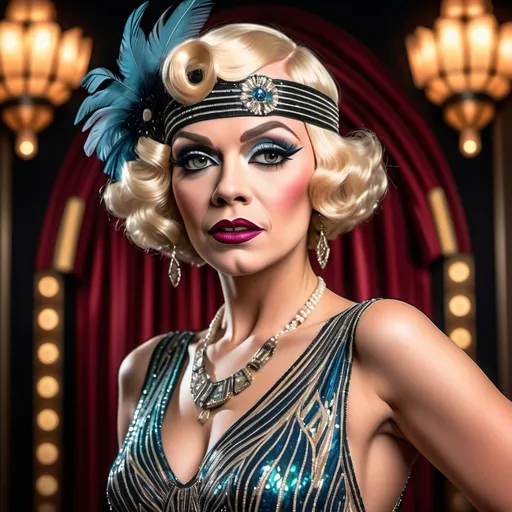 Prompt: A high definition hyper-detail live action digital photograph of a Drag queen 1920's flapper