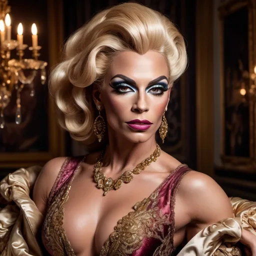 Prompt: (a stunning portrait), a Gorgeous muscular 35-year-old British drag queen (very strong masculine jawline and brow features), baroque clothing, intricate details, opulent fabrics, luxurious setting, lavish backdrop, ornate decor, rich color palette, warm and inviting tones, softly diffused lighting, (highly detailed), expressive eyes, elegant pose, sophisticated atmosphere, captivating elegance, enchanting allure.