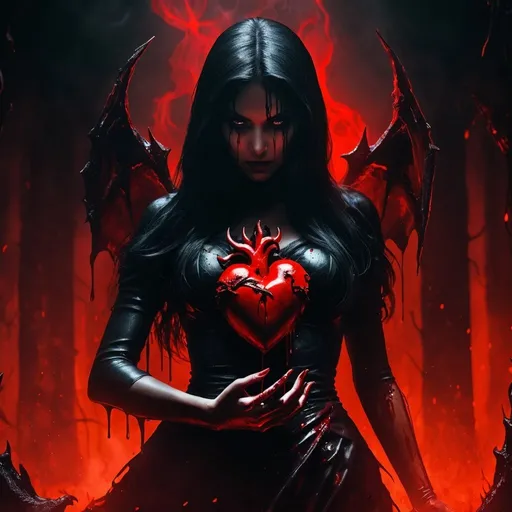 Prompt: From the depths of hell rises a female figure in black with a bloody human heart in her hand. 