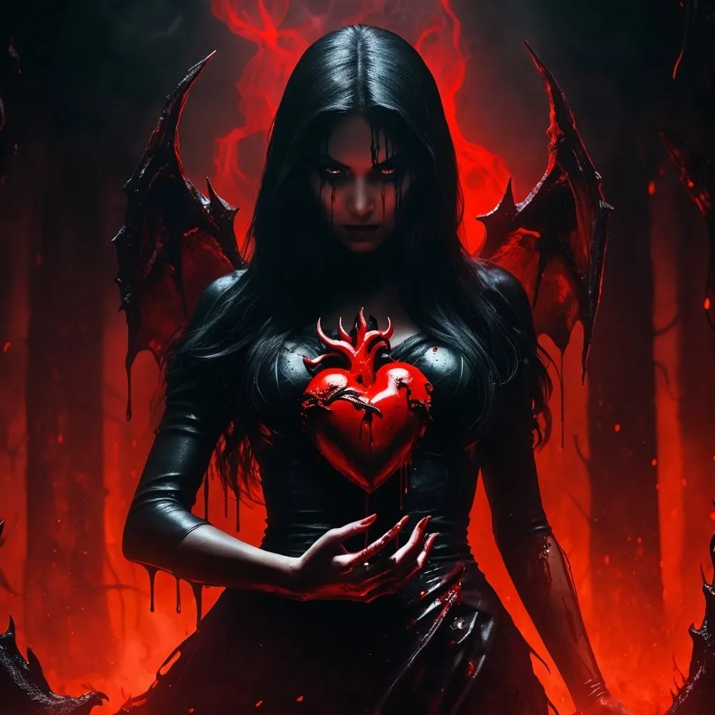 Prompt: From the depths of hell rises a female figure in black with a bloody human heart in her hand. 