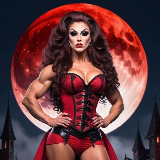 Prompt: a gorgeous ultra-muscular 25-year-old Romanian drag queen bodybuilder in a witches costume standing in front of a full moon, promotional art, strong red hue, ign, (dark long curly hair), heavily upvoted, inspired by Greg Staples, bright red, wearing corset, 8 inch stiletto high heel shoes.