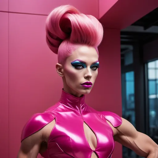 Prompt: Gorgeous ultra-muscular 25-year-old Swedish drag queen bodybuilder with long flowing fuscia updo stylish hair wearing Mugler in a futuristic Tokyo imagined by Wes Anderson