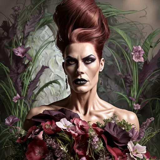 Prompt: award-winning full-length portrait of a gorgeous muscular drag queen (strong masculine jawline and facial features) with dark red updo hair, dark eyeshadow,  and dark lipstick, chic floral dress, outdoors, dainty bouquet of wildflowers, high-quality, oil painting, detailed floral patterns, serene atmosphere, elegant, natural lighting