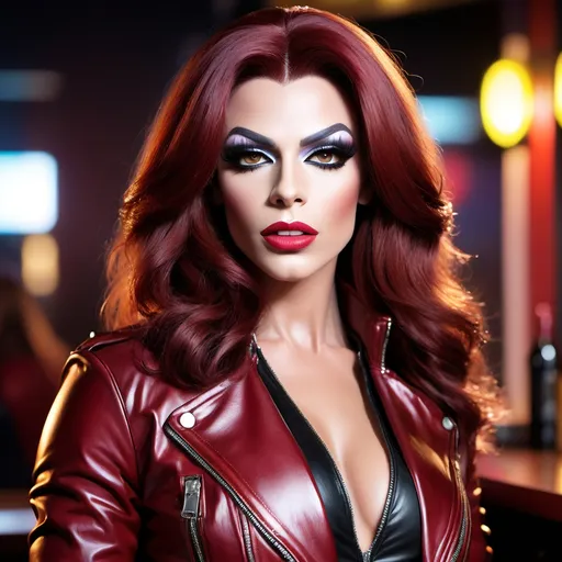 Prompt: a gorgeous muscular 25-year-old French drag queen (masculine facial features) with big busom and dark red hair, in a leather jacket posing for a picture, biker bar photo, dark make up, arik roper, images on the sales website, in 2 0 1 8, render of april, sabina klein, perfect face and body, tall female angel, felix englund, with grey skin, dark lips