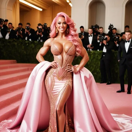 Prompt: Glamour photography of Gorgeous ultra-muscular 25-year-old Finnish bodybuilder with a huge busom, and ridiculously long wavy pink hair on the Met Gala steps in New York wearing designer gold and pink gown with long train, intricate details, glitter and jewels, posed 3/4 turn standing, smile, in the style of Guy Aroch