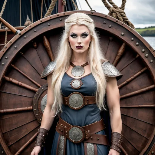 Prompt: A full length image of a Gorgeous muscular 25-year-old drag queen shield (with slight masculine jawline and brow facial features) maiden of the Viking Kingdom of Jorvik 875AD standing by A Viking Longship. She has long loose platinum blonde hair, dark eye make and dark lipstick..  She has a large busom. She is wearing traditional Viking female clothing of the period. She is wearing Viking face and body jewellery.