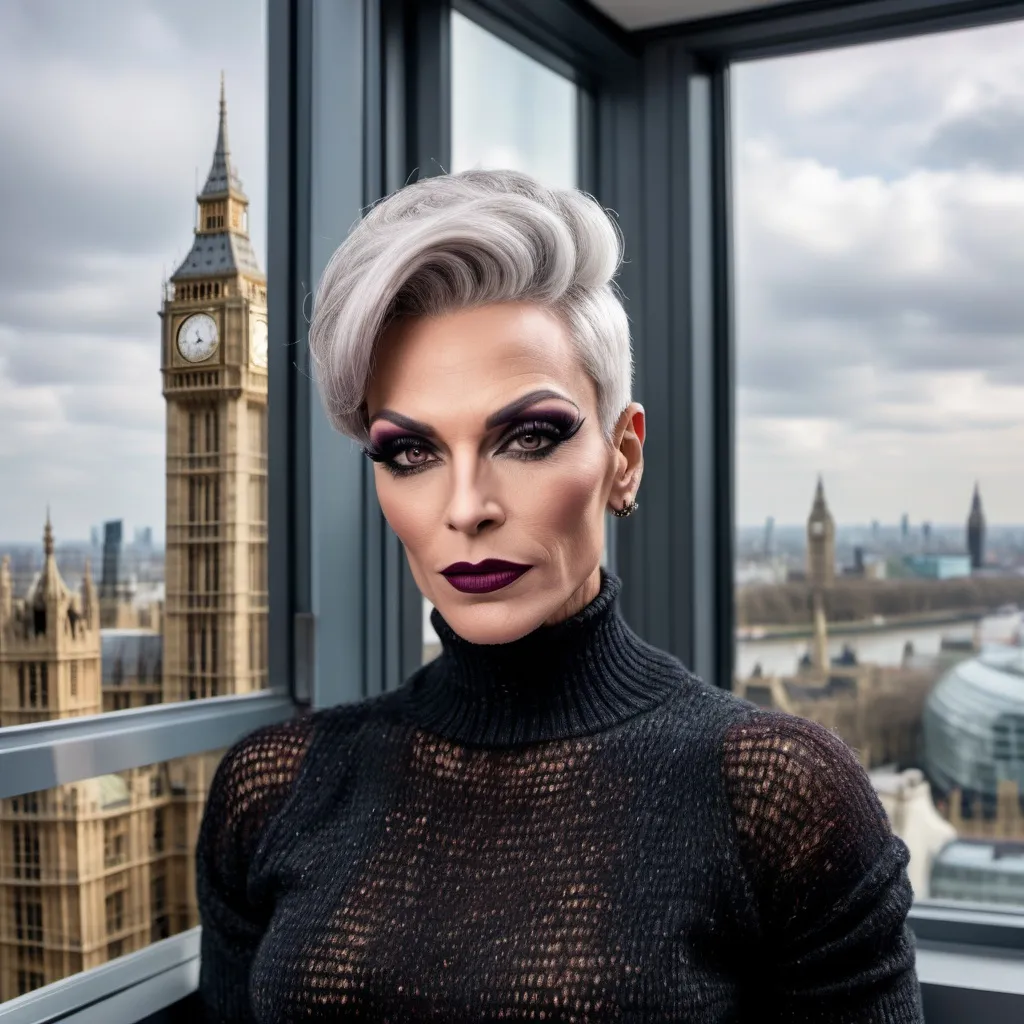 Prompt: Gorgeous muscular 45-year-old French drag queen with strong masculine jawline,  short swept over graying hair, dark eyeshadow, and dark lipstick, in the CAD office wearing a chenille knitted sweater, next to the window with London city and Big Ben view