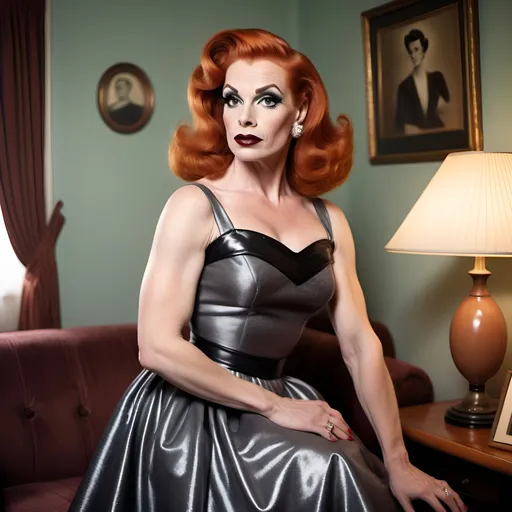 Prompt: A gorgeous muscular red-headed 40-year-old Czechian drag queen (((strong masculine jawline and brow))) housewife (((dark eyeshadow and dark lipstick))) in the 1950s wearing a solid sweetheart swing dress. Posing in the living room.