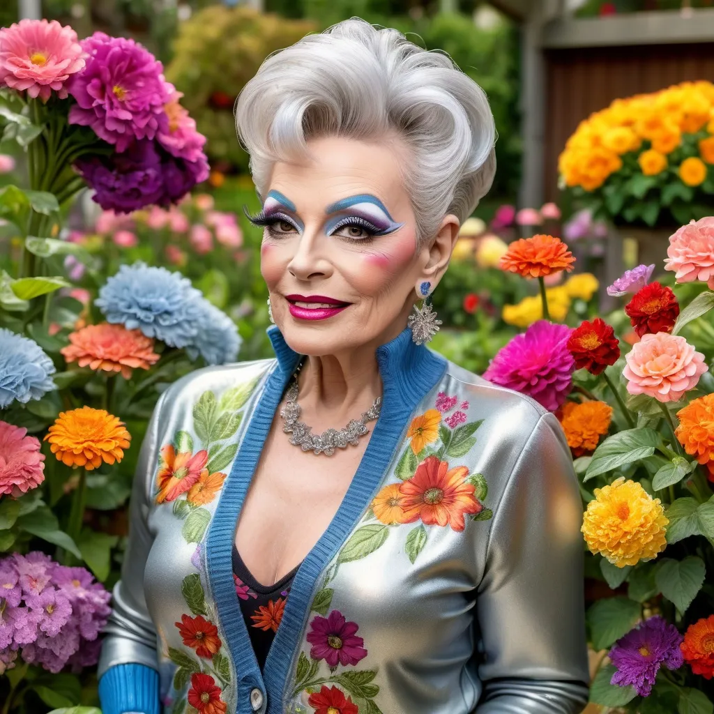 Prompt: Gorgeous elderly drag queen with a silver updo hairstyle, gardening in a backyard while wearing tight jeans, cardigan sweater, abd 8 inch stiletto high heel shoes.