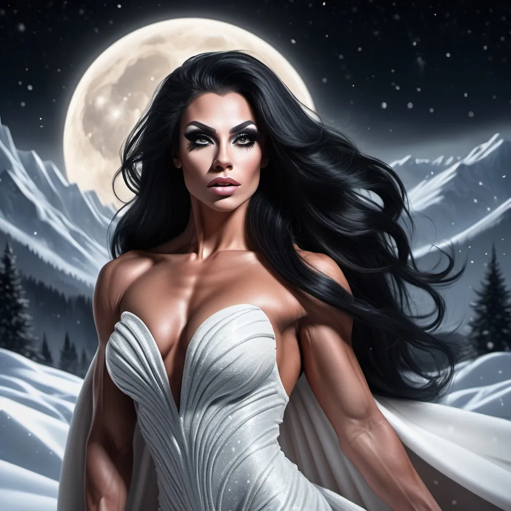 Prompt: Fantasy illustration of a gorgeous ultra-muscular 25-year-old Czechian drag queen bodybuilder royalty, long and sleek black hair, striking almond-shaped black eyes, flowing white dress, snowy moonlit landscape, highres, detailed, fantasy, majestic, moonlit, long hair, elegant dress, snowy landscape, detailed eyes, regal, atmospheric lighting