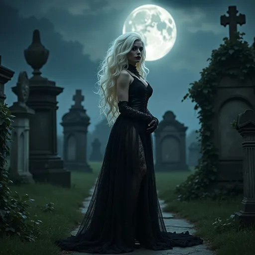 Prompt: In a moonlit cemetery, amidst weathered tombstones draped in ivy, stands a striking figure—a gorgeous ultra-muscular 25-year-old drag queen gothic goddess with platinum blonde hair cascading like liquid mercury against the darkness. Her porcelain skin, seems to glow ethereally under the moon's gentle caress. Adorned in lace and leather, 8 inch stiletto high heel shoes, her attire exudes an aura of mystery and allure.

High quality, highres, perfect, beautiful