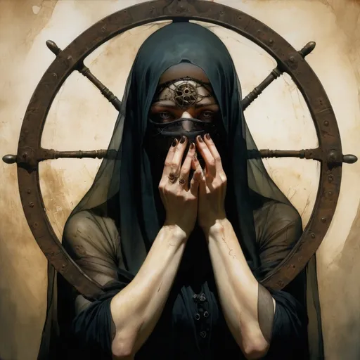 Prompt: a painting of a woman with a sheer veil over her face and hands on her face, with a wheel in the background, Ben Templesmith, antipodeans, elden ring, concept art