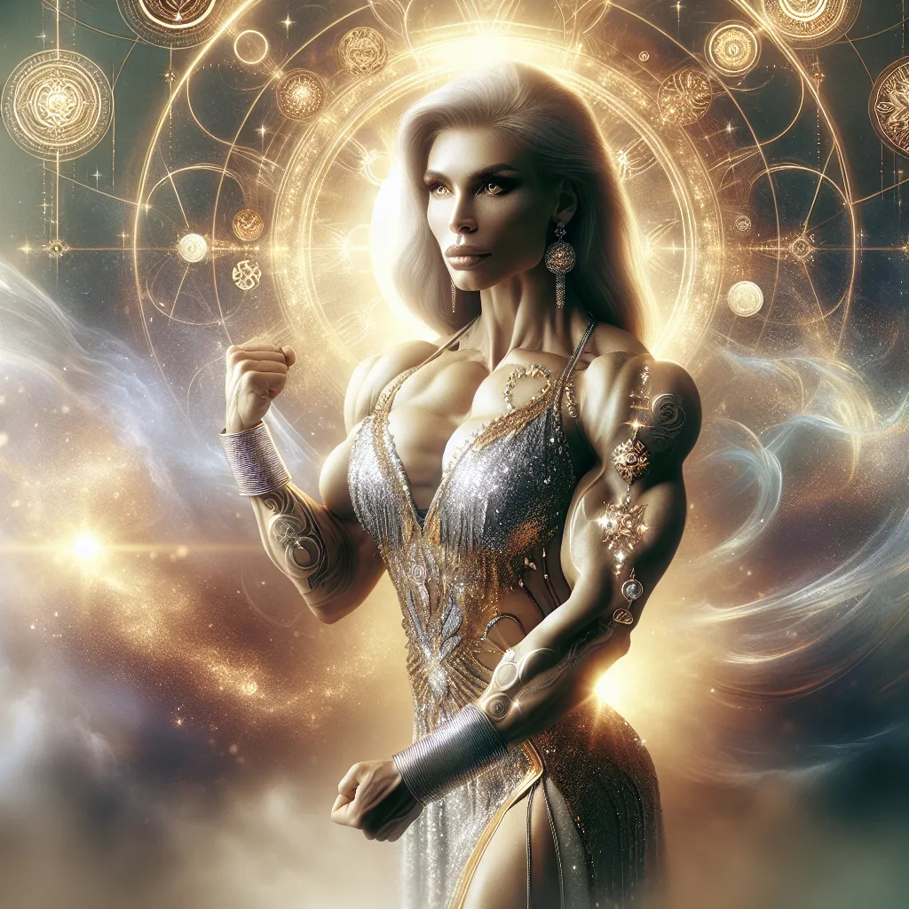 Prompt: Full body, full shot,  gorgeous ultra-muscular 25-year-old Finnish goddess bodybuilder wearing silver and golden glittering dress, silver bangles and 8 inch high heel shoes, distant view,  Soft ethereal glow, celestial aura, serene spiritual atmosphere, gentle whispers of wind, divine guidance, intricate sacred symbols, harmonious balance of light and shadow, mystical incantation, intricate patterns, ethereal beings, spiritual journey depiction, symbolic elements, warm and comforting color palette, subtle and soothing lighting, digital art, intricate details, emotional depth, by fantasy artists on DeviantArt.