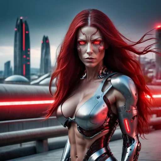 Prompt: Futuristic muscular 35 year old Dutch goddess cyborg with red lit eyes, huge busom and long dark red flowing hair walking down a hill of a futuristic sterile concrete and iron cityscape, head-to-toe photography 