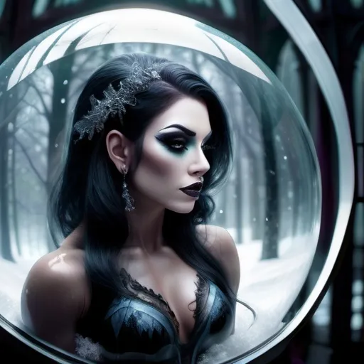 Prompt: A young, gorgeous gothic style drag queen bodybuilder (sat inside a snow globe), enshrouded by a dark, mysterious forest, ethereal mist swirling around, an intricate glass design reflecting her somber expression, cool tones and muted colors dominate the scene, surreal ambiance, playful yet haunting, ultra-detailed fantasy art with high contrast shadows.