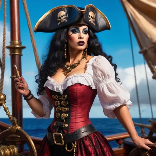 Prompt: A stunning, hyper-realistic and vividly colored depiction of a gorgeous muscular 35-year-old Caribbean pirate drag queen (dark eyeshadow, dark red matte lipstick, black hair, abd big busom) in the 1860s. She stands confidently at the bow of a majestic pirate ship, holding a telescope as she searches for her next prey.