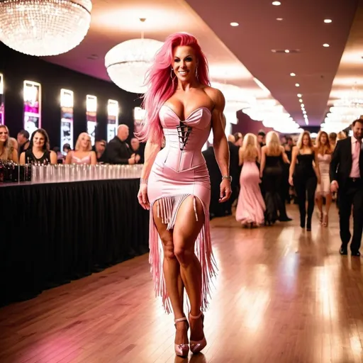 Prompt: Gorgeous ultra-muscular 25-year-old caucasian Finnish goddess bodybuilder with huge busom and ridiculously long flowing stylish pink hair wearing a stylish fringed dress, corset,  and 8 inch stiletto high heel shoes, walking onto the dance floor.  
