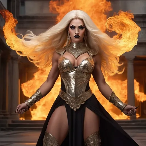 Prompt: A powerful Gorgeous muscular 25-year-old olive-skinned Greek drag queen bodybuilder (with masculine facial features, dark lipstick, large busom blonde hair) stands at the center, radiating an intense aura of fire, with hair that flows like flames and a striking, golden armor adorned with intricate designs. Her piercing gaze conveys determination, and she brandishes a staff that mirrors her fiery essence. The backdrop features a city engulfed in flames, where the warmth of the blazing inferno contrasts sharply with the snowy ground, creating an intense visual juxtaposition. The scene is dramatic and dynamic, lit by the flickering reds and oranges of the fire against a darker sky, evoking a sense of imminent action and fierce power. The overall mood is one of strength, resilience, and an impending confrontation, suggesting a narrative steeped in epic fantasy.