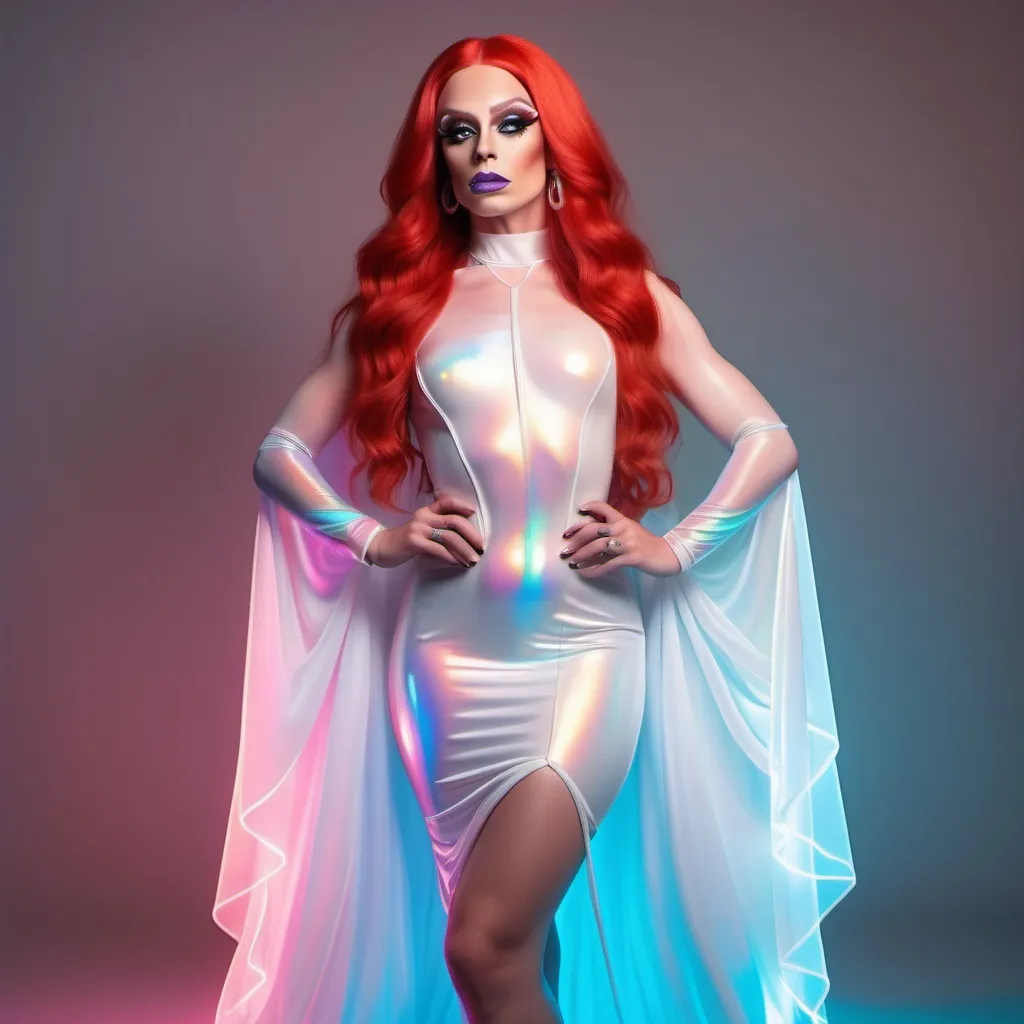 Prompt: ethereal hyper realistic 25-year-old Finnish drag queen, athletic physique, full body, white iridescent dress, red coloured long hair Ultra HD pastel & neon colors.