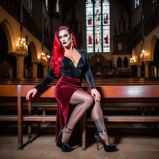 Prompt: Gorgeous muscular 25-year-old French drag queen bodybuilder (very strong masculine jawline and brow features) with big busom, long stylish dark red hair, dark eyeshadow,  mascara,  and burgundy lipstick.  She is wearing a black velvet knee-length pencil skirt, a red push-up velvet blouse, and 6 inch stiletto high heel shoes.  Posing in and old scary candle lit church at night.