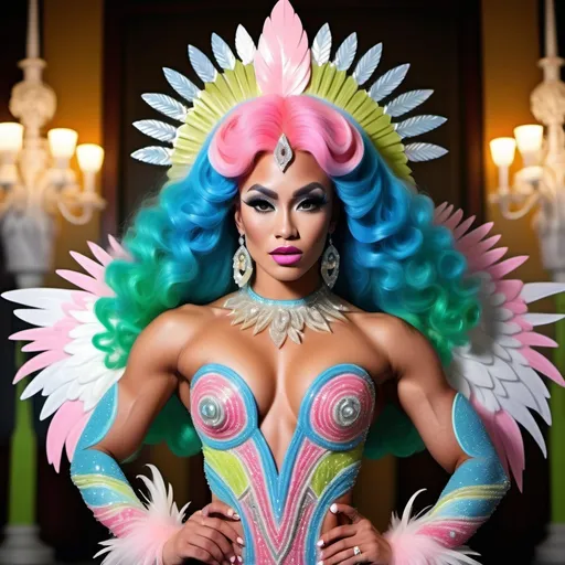 Prompt: Divine Angelic gorgeous muscular 25-year-old Polynesian Hawaiian Balinese Thai drag queen bodybuilder wearing an extravagant costume with vibrant pink styled hair and green eyes in zuhair Murad beaded fitted embellished pearly white blue gold chartreuse pink pastel blue luminous blue topaz platinum silver chrome white pearl opal diamond Swarovski crystal costume gown as a Sandro Botticelli full body painting with large Cartier royal floral jewels and mother of pearl and white abalone aquamarine headdress with pearls blue lotus