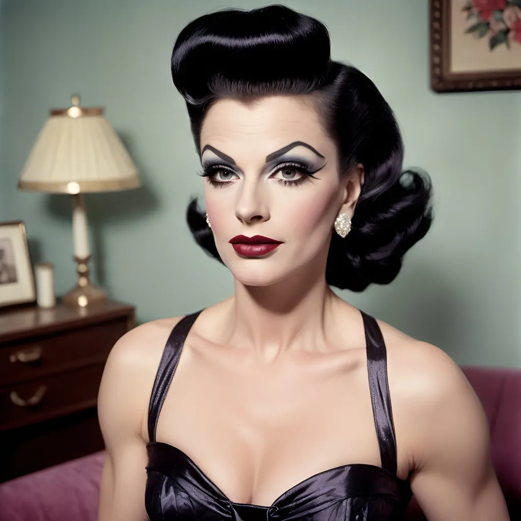 Prompt: A gorgeous muscular 30-year-old Czechian drag queen housewife (((dark eyeshadow and dark lipstick))) in the 1950s wearing a solid sweetheart swing dress. Posing in the living room.