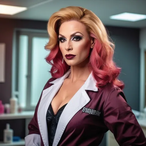 Prompt: Gorgeous muscular 35-year-old  British drag queen doctor with strawberry-blonde hair, dark eyeshadow,  dark red lipstick, big busom, photorealistic picture, detailed facial features, doctor outfit, hospital background, confident expression, intelligent gaze, high quality, professional lighting