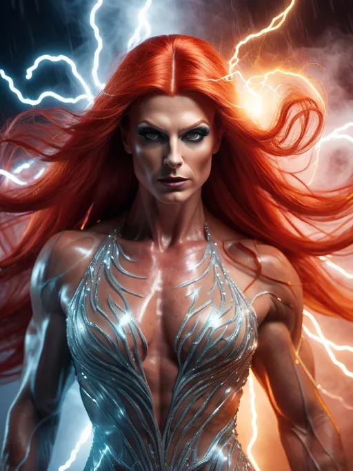 Prompt: Splash art, swirling magical lights, dense fog, create an intricately detailed, full body, ultra realistic, 3D Rendered image. Focused on an enticing, alluring, highly detailed, Gorgeous ultra-muscular 25-year-old caucasian French drag queen bodybuilder with ridiculously long straight shiny Red hair, wearing a gown of lightning, caucasian, super exotic, goddess. {Casting a magic lightning bolt in an epic depiction of battling the green orcs in a fantasy tower}, using a legendary fantasy weapon. In a dystopian city destroyed by war background. 8k resolution, photo realistic, highly exotic, ultimate fantasy, digital concept art, perfect cinematic lighting, perfect shading.