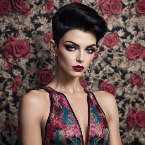 Prompt: Gorgeous ultra-muscular 25-year-old Serbian drag queen bodybuilder with short black pixie hair (Gucci dress), luxurious fashion, elegant silhouette, intricate patterns, vibrant colors, stylish details, dark eye makeup, dark lipstick, high-fashion model posing, contemporary runway, (refined textures), soft light enhancing fabric sheen, (ultra-detailed), chic backdrop, stylish ambiance, artistic expression of opulence and modern elegance, inviting atmosphere, capturing the essence of high-end couture.