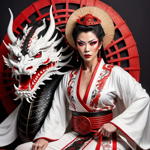 Prompt: A breathtaking fantasy scene featuring a strong and graceful 35-year-old muscular drag queen samurai warrior seated confidently. She wears an intricately designed white robe with vibrant red accents, adorned with ceremonial accessories and intricate patterns. Her intense gaze is framed by braided hair beneath a wide straw hat. A majestic and powerful black dragon coils protectively behind her, its scales shimmering amidst swirling ethereal smoke. The dynamic background is filled with vibrant magical particles and mist, creating a mystical atmosphere. Soft, cinematic lighting highlights the textures of her attire and the dragon’s imposing form, inspired by Japanese folklore and fantasy art.

