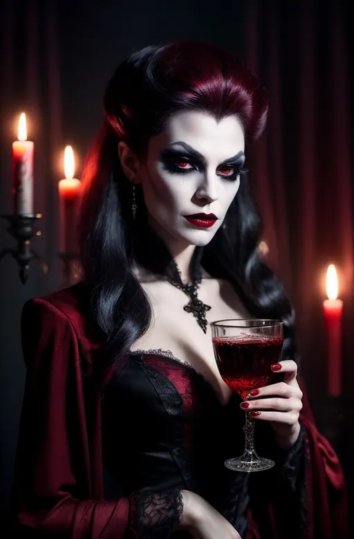 Prompt: (Drag queen vampire drinking glass of blood), in a dimly lit shadowy setting, (moody atmosphere), detailed features of the vampire, elegant attire with a touch of gothic style, shimmering glass of dark red blood, rich textures, candlelight flickering, (ultra-detailed), deep, dramatic shadows, and an overall eerie yet sophisticated ambiance.