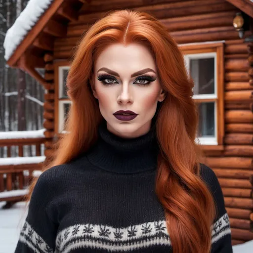 Prompt: Extremely beautiful, muscular 25-year-old Russian drag queen, detailed extremely long ginger hair, flawless skin, dark eye makeup, dark lipstick, detailed eyes, natural beauty, strong masculine jawline, form-fitting seasonal sweater, cozy modern log cabin interior background, winter season, realistic professional photography, high quality, detailed, realistic, cozy, ginger, long hair, flawless skin, candid moment, modern log cabin, seasonal sweater, detailed eyes, natural beauty, professional photography, winter season, cozy lighting