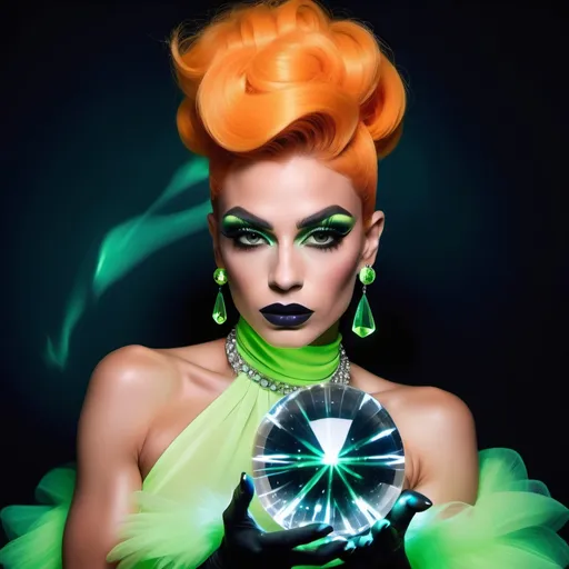 Prompt: a gorgeous muscular 25-year-old French drag queen (with masculine facial features) with dark eyeshadow,  dark lipstick, and orange updo hair, wearing a neon green Coco Chanel dress holding crystal ball filled with lightning, Ayshia Taşkın, private press, hourglass slim figure, a pastel