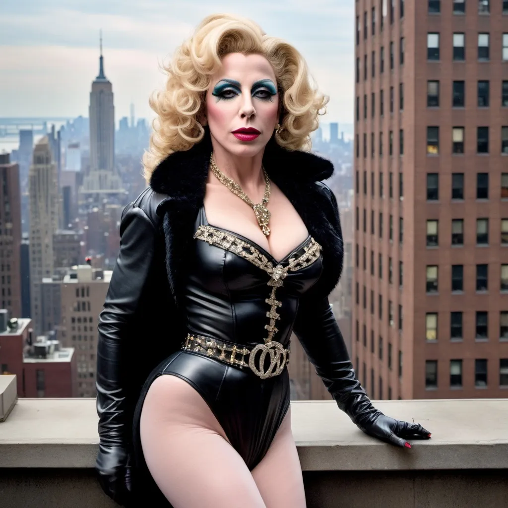 Prompt: John Travolta dressed as a 25-year-old gorgeous drag queen Madonna posing on the ledge of a building, high above NYC.