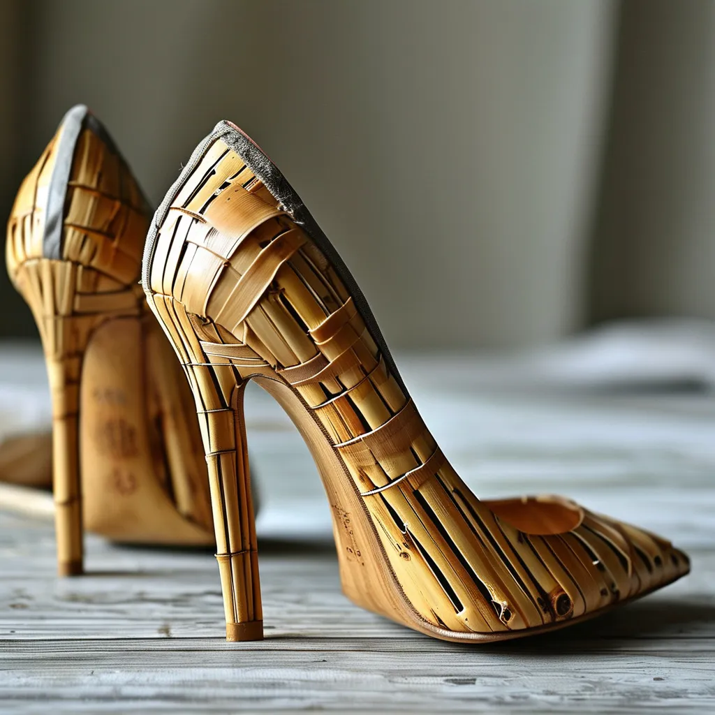 Prompt: 8 inch stiletto bamboo high heel shoes. 