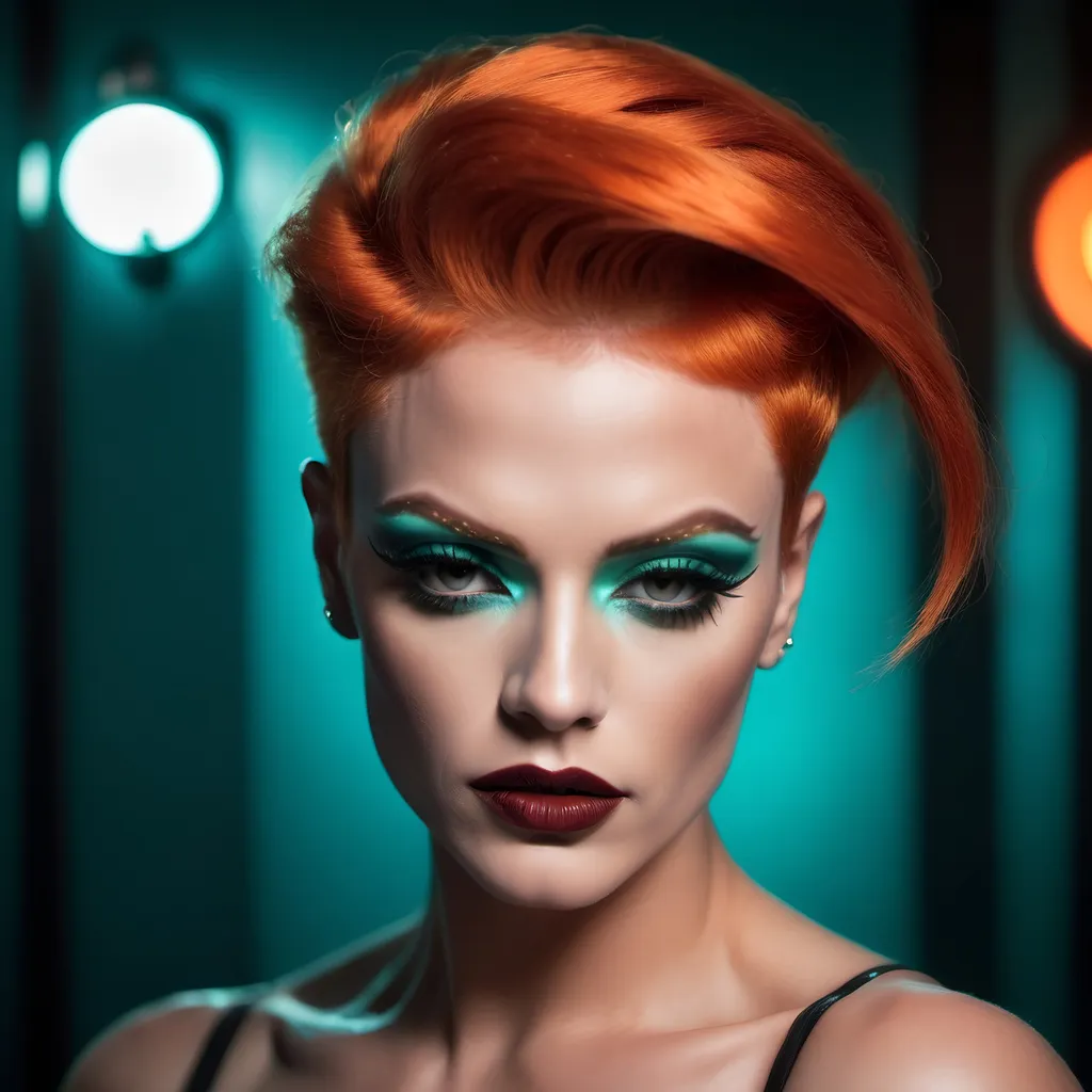 Prompt: Gorgeous 25-year-old Czechian drag queen bodybuilder, short swept over stylish orange hair, heavy mascara, dark red lipstick, retro film noir by Quentin Tarantino, teal glowing haze dreamy atmosphere.
Gloomy and industrial-looking surroundings, her decision is in visual contrast to the dark, muted tones of the world.