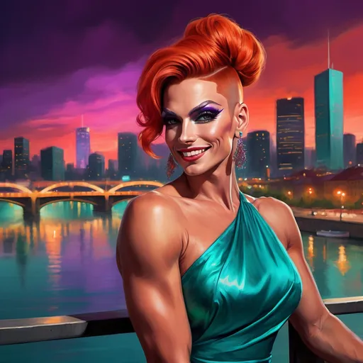 Prompt: digital painting of a city skyline with a gorgeous muscular 35-year-old Swiss drag queen (masculine jawline and brow features) with long burnt orange updo hair wearing a wrap around teal dress, smiling  and a river in the background at night time with a bright red and purple sky reflecting on the water , art photography, at night, high resolution , realism , beautiful sunset , low angle shot of the woman