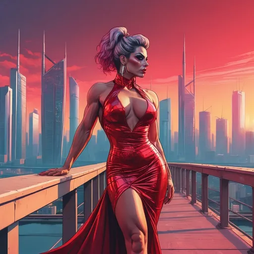 Prompt: A gorgeous muscular 35-year-old Turkish drag queen bodybuilder in a red dress walking across a bridge in front of a city skyline with skyscrapers at sunset, Alena Aenami, retrofuturism, synthwave style, cyberpunk art