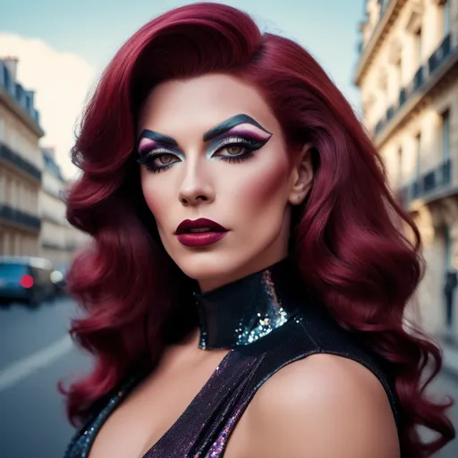 Prompt: (photorealistic) glamour photography, a handsome man DRESSED UP AS a Gorgeous muscular 25-year-old DRAG QUEEN (with drag queen facial features, dark lipstick, large busom, dark red hair) posing elegantly in Paris, breathtaking city background, soft natural lighting, dramatic shadows, high fashion style, inspired by Guy Aroch, classic romance vibe, vibrant colors with a touch of vintage, ultra-detailed capture, showcasing intricate details in outfit and accessories, capturing the essence of Parisian beauty and sophistication.