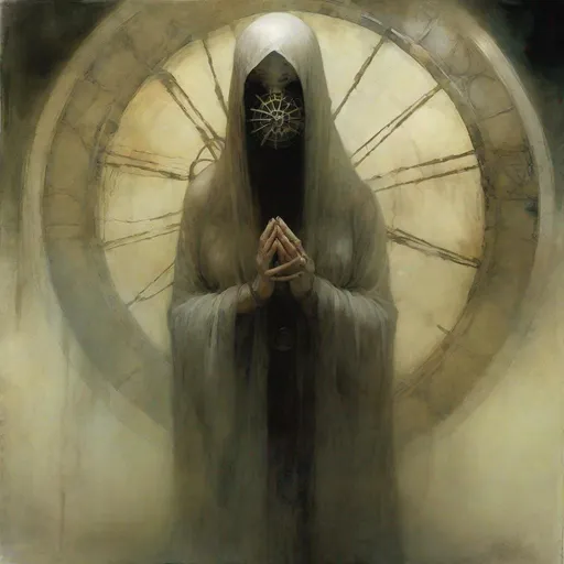 Prompt: a painting of a woman with a sheer veil over her face and hands on her face, with a wheel in the background, Ben Templesmith, antipodeans, elden ring, concept art