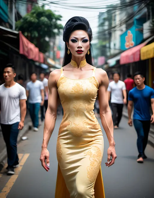 Prompt: Tall gorgeous muscular 25-year-old Vietnamese drag queen bodybuilder walking down along Dong Khoi Street of Saigon, wearing the traditional ao dai, realistic image and  natural lighting