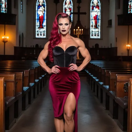 Prompt: Gorgeous muscular 25-year-old French drag queen bodybuilder (very strong masculine jawline and brow features) with big busom, long stylish dark red hair, dark eyeshadow,  mascara,  and burgundy lipstick.  She is wearing a black velvet knee-length pencil skirt, a red push-up velvet blouse, and 6 inch stiletto high heel shoes.  Posing in and old scary candle lit church at night.