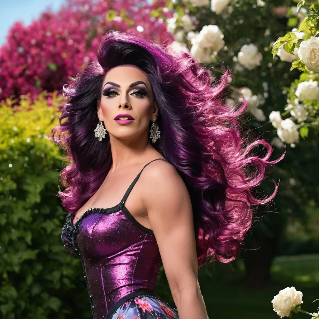 Prompt: Full body length lifelike photo (professional photography) of a gorgeous muscular 25-year-old German drag queen model posing on a warm sunny day (ultra-realistic); photoshooting set in a flowered garden (ultra-detailed background, detailed background, realistic background); ridiculously long flowing dark magenta hair (((blowing in the wind))), smoky eyeshadow, black eyeliner, dark red lipstick (ultra-detailed makeup, detailed makeup), (ultra-detailed face, square strong masculine jawline, detailed face, human face), prosperous and enhanced chest (ultra-detailed chest), enhanced figure (ultra-detailed figure, detailed figure, muscular legs realistic body), delicate hands, with long nails, French manicure (realistic hands, ultra-detailed hands, realistic hands proportion, realistic thumbs, realistic fingers), ((balanced body proportions)); wearing a long vivid multicolored dress, with floral motifs (ultra-detailed outfit, detailed outfit, realistic outfit) 8 inch stiletto high heel shoes; romanticism photograph, beautiful fantasy painting, elegant cinematic fantasy photography, very beautiful fantasy photography, beautiful fantasy photography, photoreal elegant, fantasy portrait, gorgeous digital photography, elegant lady, retro vintage and romanticism, elegant drag queen, hyper-realistic 