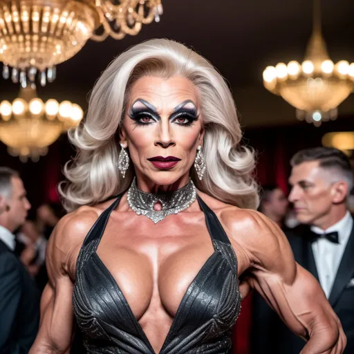 Prompt: Gorgeous ultra-muscular 58-year-old Czechian drag queen bodybuilder dressed in a gorgeous prom dress with 8 inch stiletto high heel shoes,  dark smoky eyeshadow,  heavy stylish eye liner, mascara, and dark red lipstick. Walking across the dance floor.